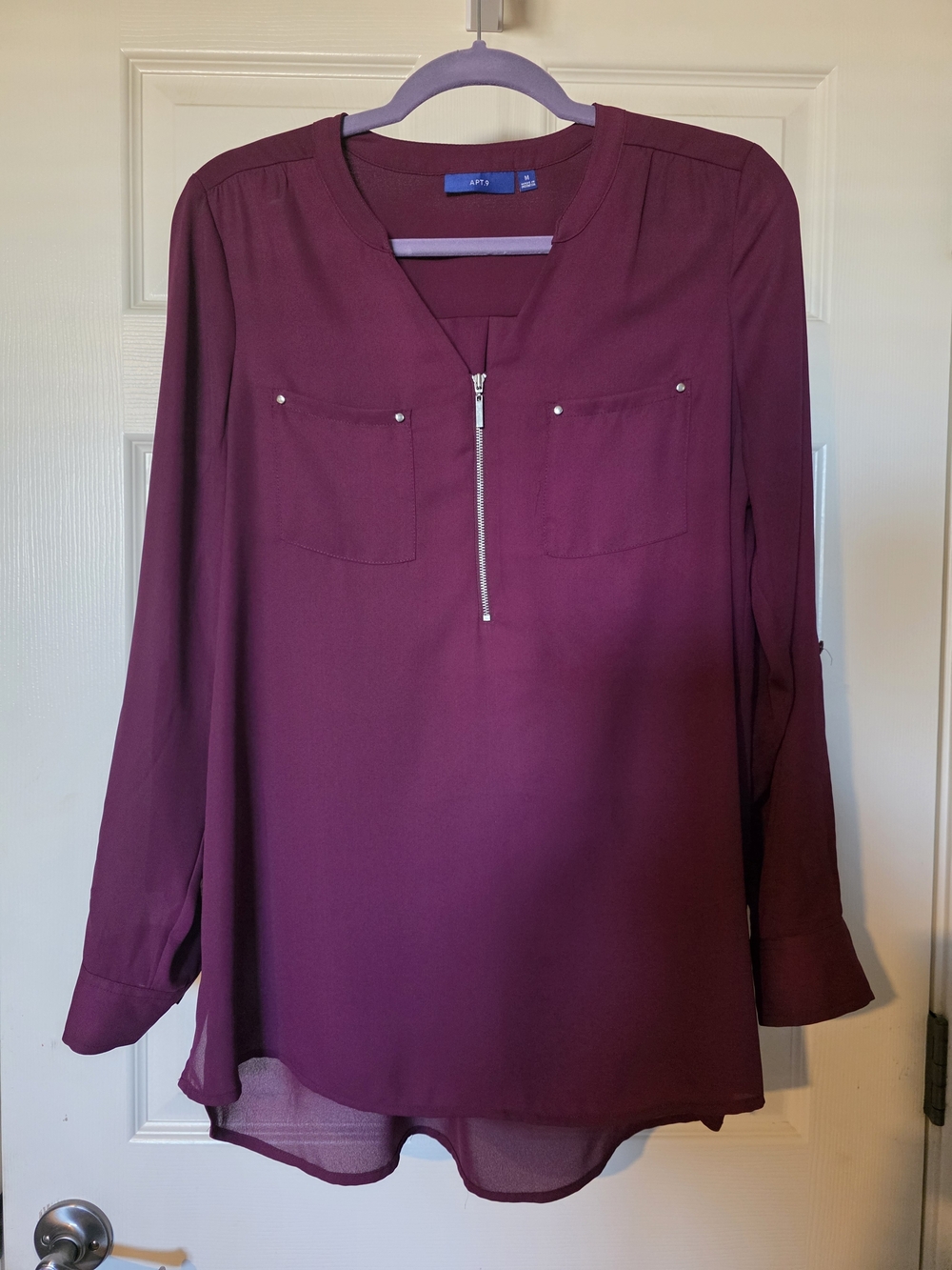 Apt. 9 Burgundy Zip-Front Long-Sleeve Blouse MEDIUM